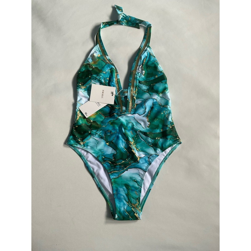 Mooncore Blue & Gold Marble Print One Piece Womens  Swimsuit‎ Size S